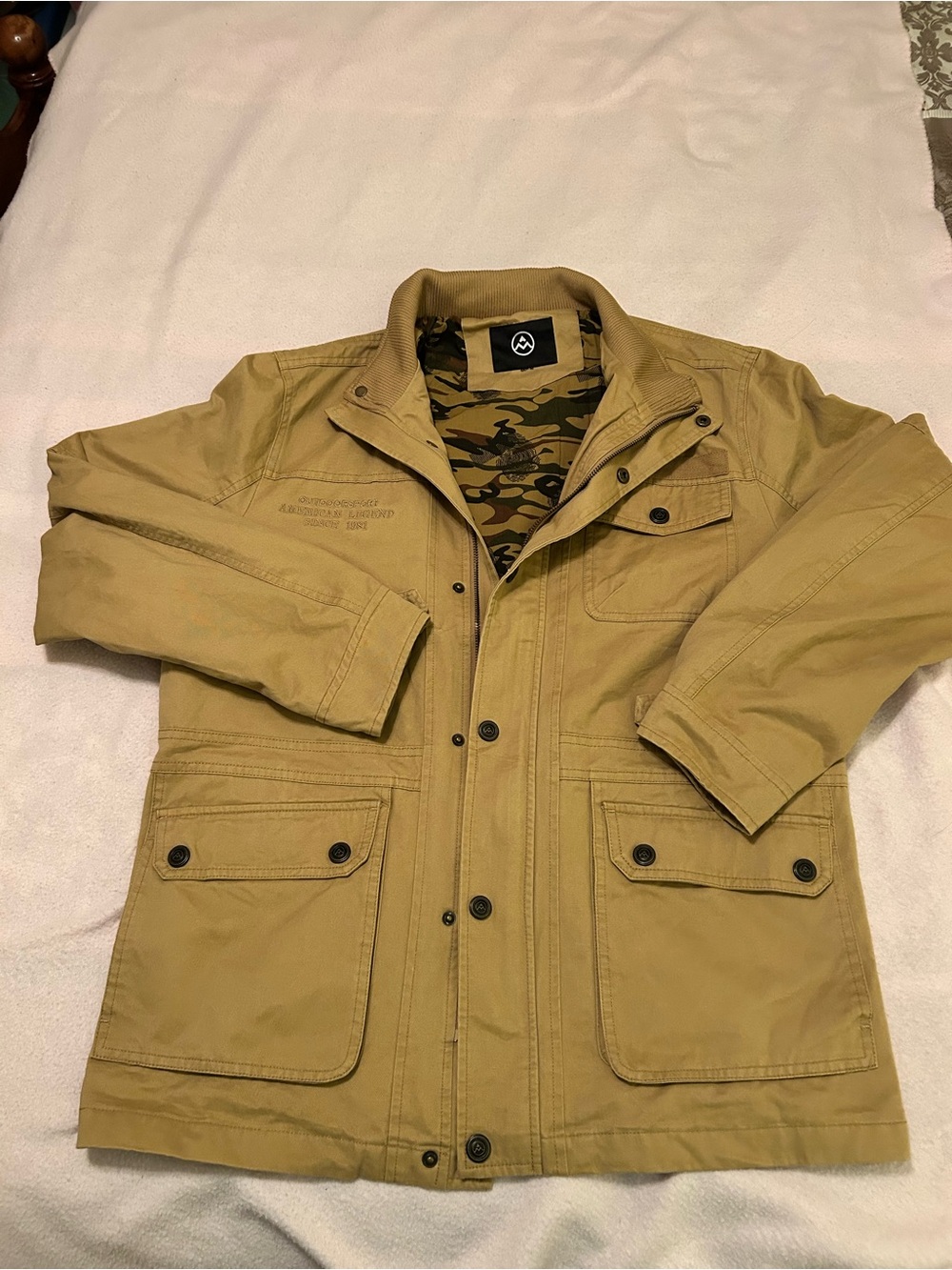 Outdoorsport Men’s Khaki Field Jacket Camo Lined Utility Coat Fits L